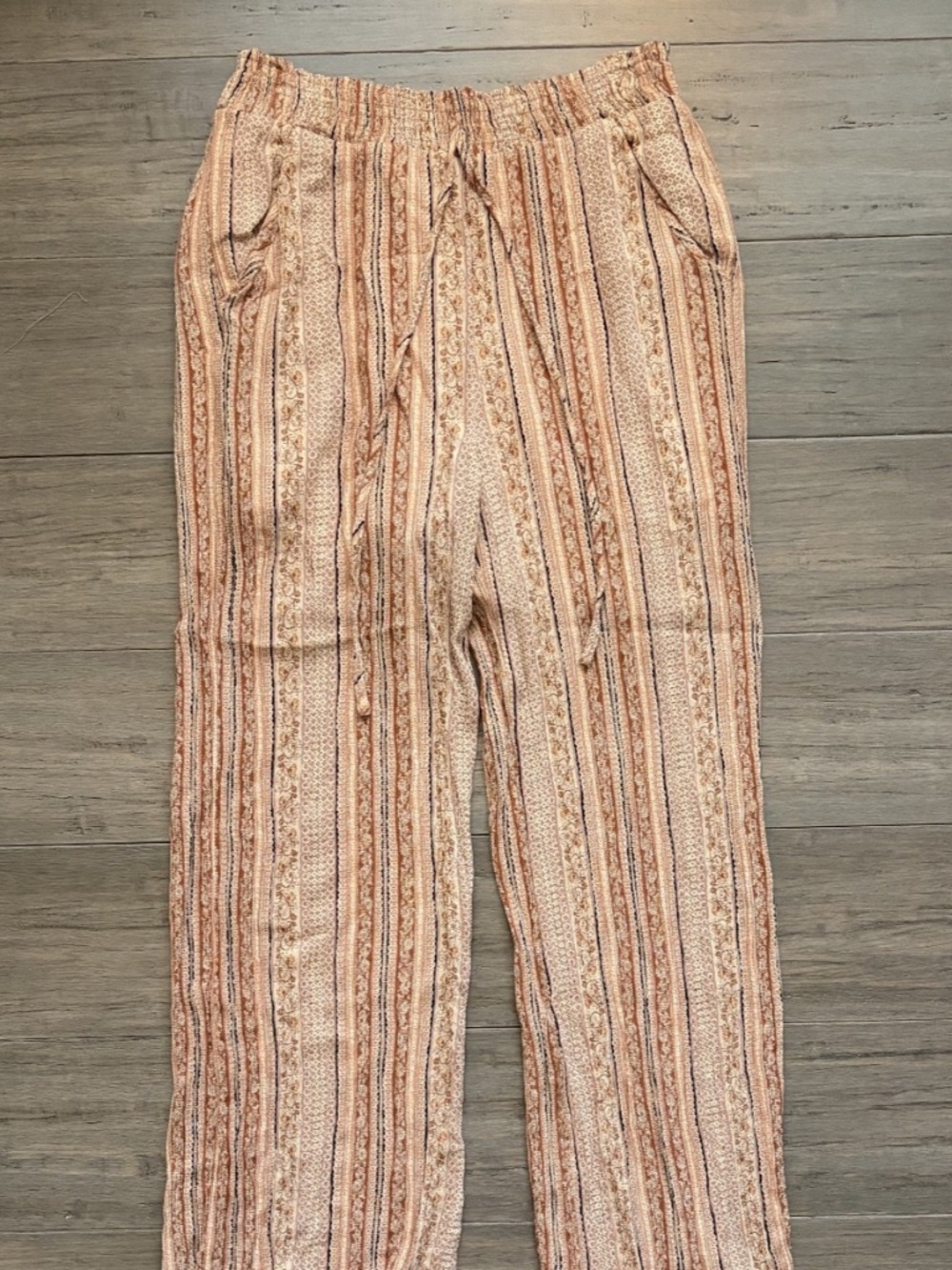 Paper Crane Wide-Leg Pants Tan Beige Striped Elastic Waist Women's S Regular